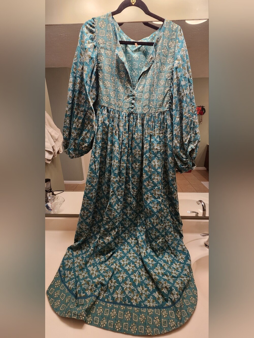 Free People Size L Teal Green Maxi Dress Balloon Sleeve Beaded Detail Stunning - Picture 10 of 17